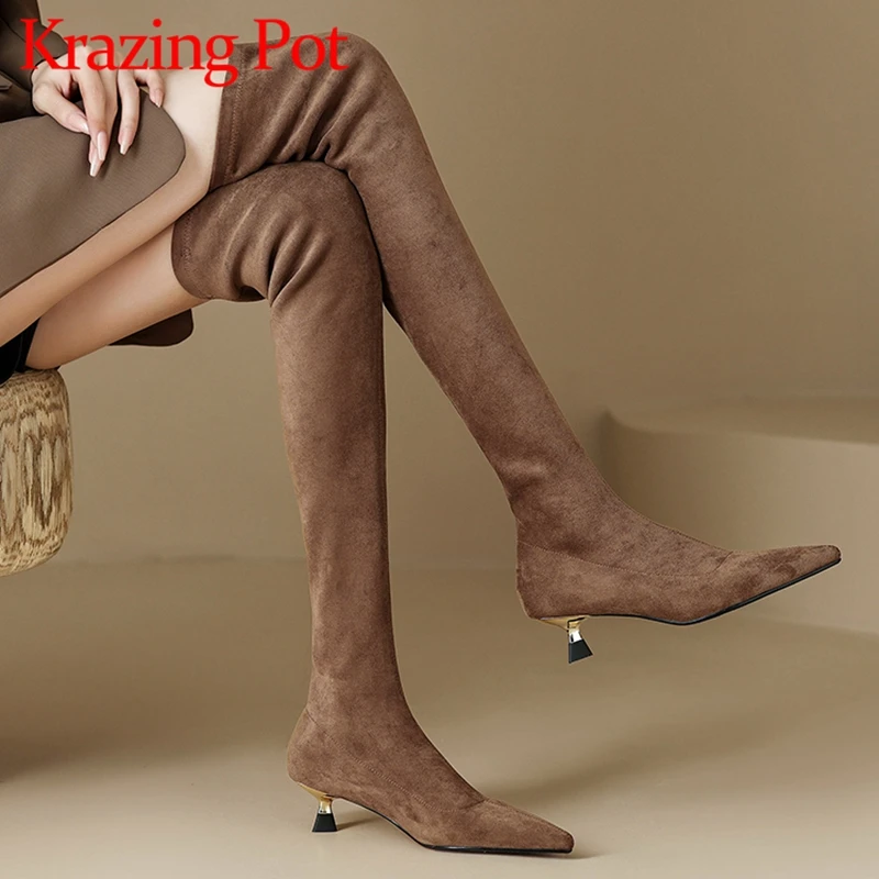 

Krazing Pot 2023 Oriental Design Med Heels Thin Leg Pointed Toe Evening Party Sexy Stretch Boots Slip on Over-the-knee Boots