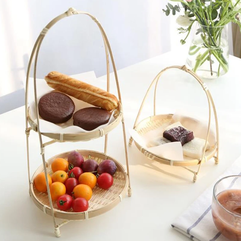 Bamboo Weaving Straw Baskets Tier Rack Wicker Fruit Bread Food Storage Kitchen Decorate Round Plate Stand Container 2