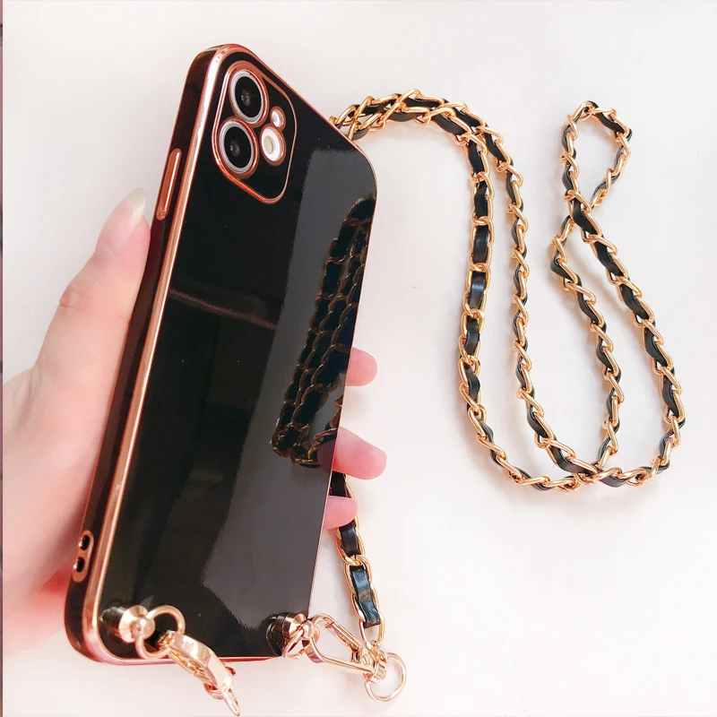 Elegant Crossbody Leather Phone Case with Metal Chain Necklace