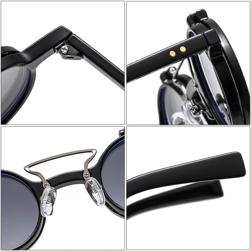 SO&EI Ins Popular Fashion Small Round Punk Double Bridges Women Sunglasses Retro Flip Lens Shades UV400 Men Rivets Sun Glasses