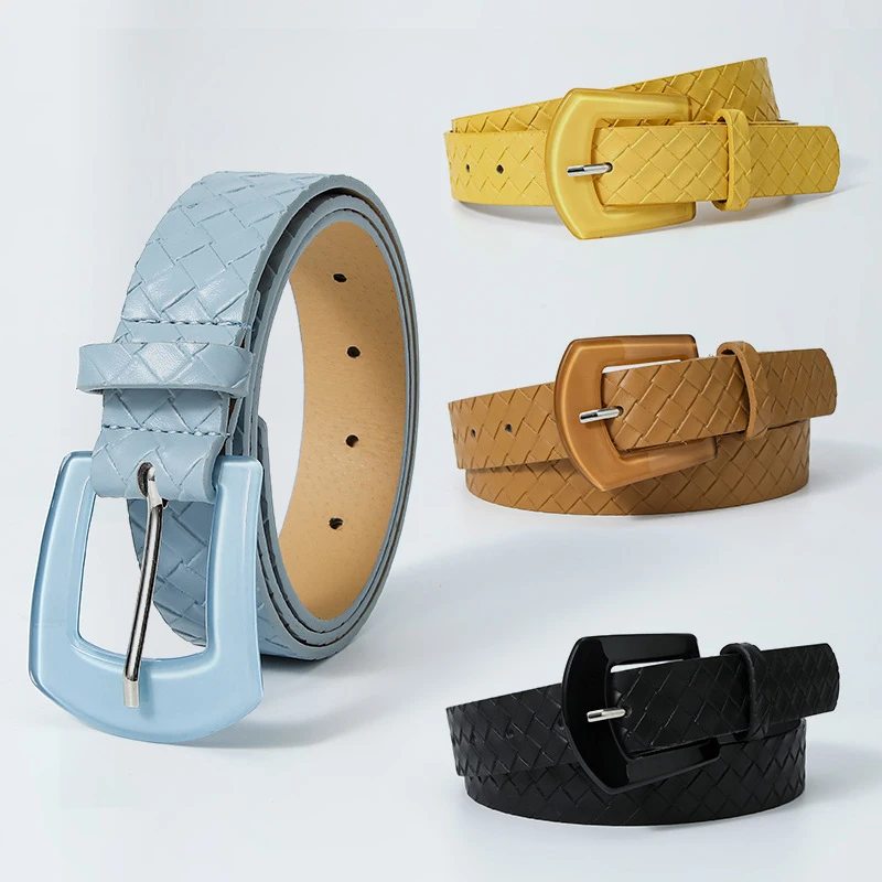

Imitation Woven Grassmat Pattern Belt Solid Color Resin Alloy Pin Buckle PU Leather Waist Belt Dress Jeans Waistbands