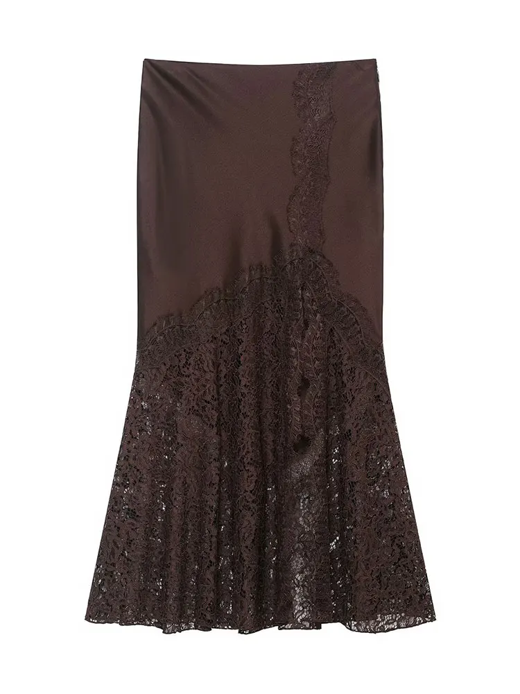 HH Women Elegant Fashion Brown Lace Hem Skirts Slim Side Zipper High Waist Midi Skirts Summer Evening Club Party Lady Chic Skirt