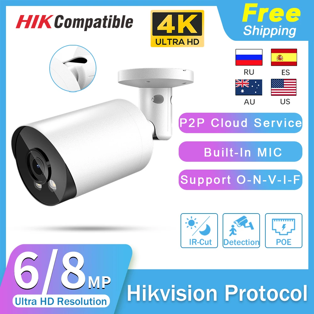 

Hikvision Compatible 8MP 4K Mini Bullet POE IP Camera Night Vision IR Built-in Microphone CCTV Video Surveillance Cameras IP66