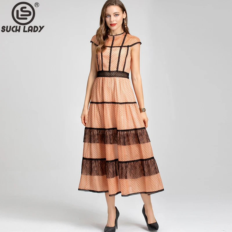 

Women's Dress O Neck Short Sleeves Dots Printed Elegant Fashion Designer Long Dresses Vestidos