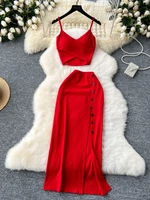 Foamlina Summer Sexy 2 Pieces Set for Women Solid V Neck Sleeveless Crop Camis Top and High Elastic Waist Split Long Skirt Suits