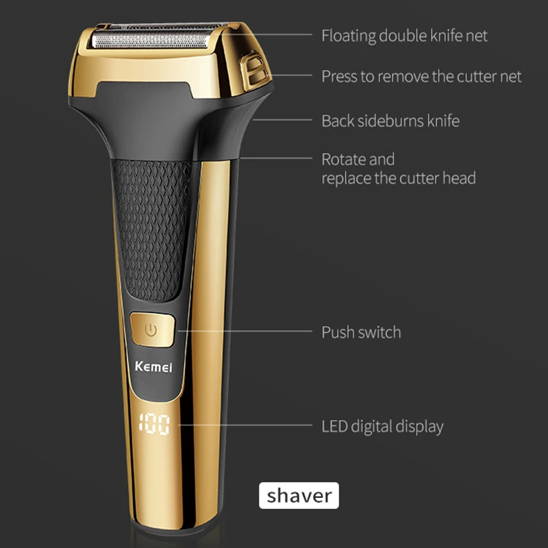 Kemei Multifunctional Men Electric Foil Shaver Gold Reciprocating Razor Nose Ear Trimmer 3 In 1 USB Hair Cutting Machine Clipper 5