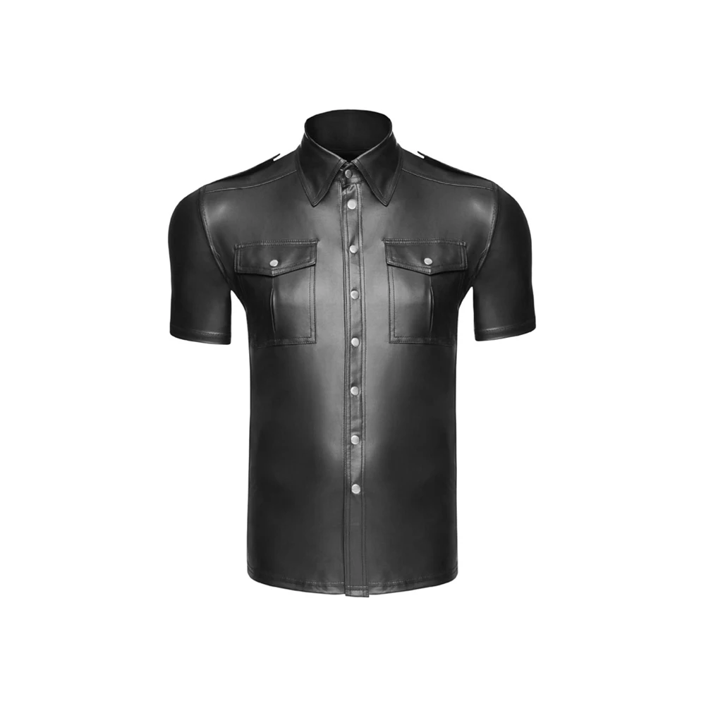 

Men Faux Leather Uniform Shirt Collared Short Sleeve Tee Wet Look Top Blouse Button Up T Shirt Nightclub Stage Costumes Tops