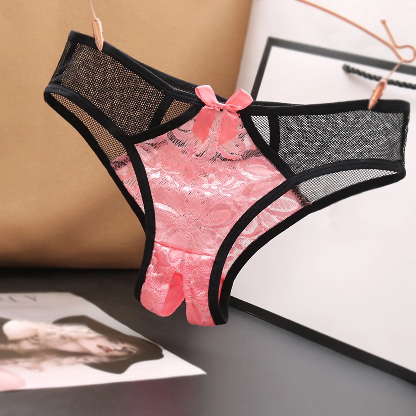 Low Womens Briefs Underpants Open Crotch Lace Underwear Waist Panties Transparent G-Strings Thongs Solid Bowknot Lace Underwear women lingerie
