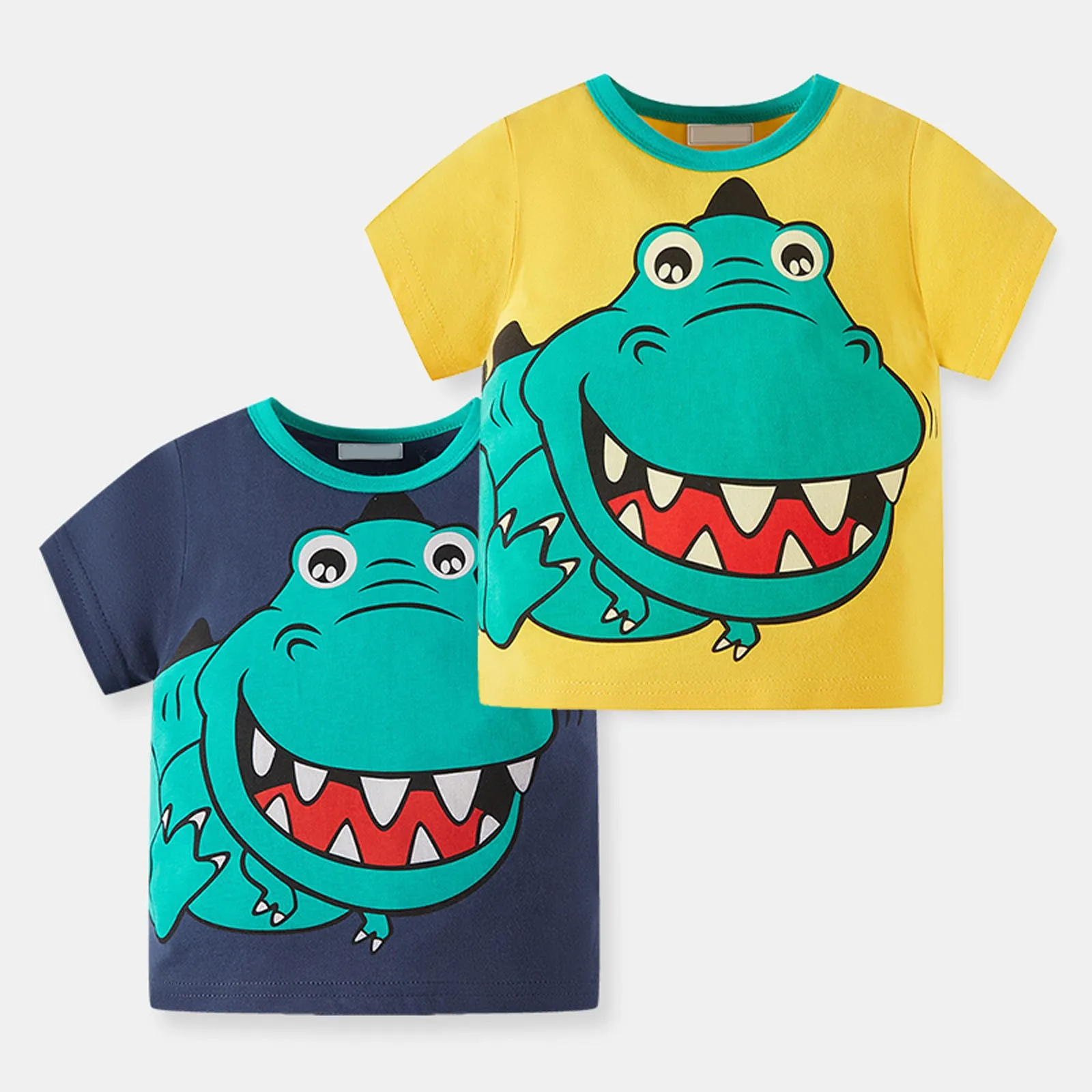 

Toddler Kids Baby Boys Summer Cartoon Cute Dinosaur Short Sleeve Crewneck T Shirts Tops Tee Yellow And Blue Optional Summer Tops