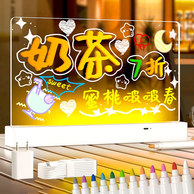 Kids LED Luminous Blackboard Drawing Toys Colorful 7 Pens Art Doodle Board Acrylic Lamp Message Board Montessori Educational Toy