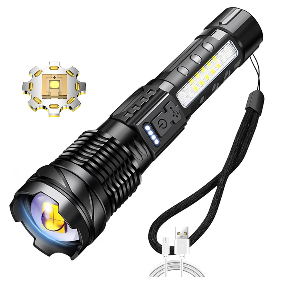 강력한 야외 LED 손전등 방수 18650 토치, 측면 조명 포함, 캠핑 낚시 랜턴, USB 충전식 줌, 7 가지 모드