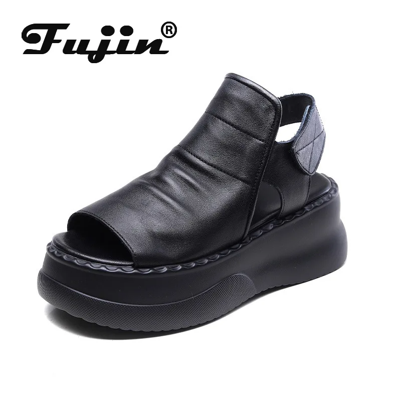 

Fujin 6.5cm Genuine Leather Boots Chimney Hook Women Fashion Summer Sandals Hollow Ankle Booties Motorcycle Moccasins Shoes