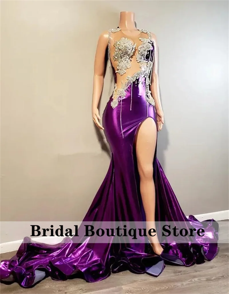 

Gorgeous Diamonds Purople Prom Dress For Black Girls Sparkly Crystal Rhinestones Beading Tassels Slit Birthday Wedding Party