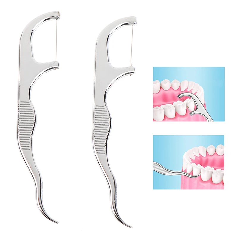 

1Set Stainless Steel Toothpick With Box Dental Floss Reusable Flossing Holder