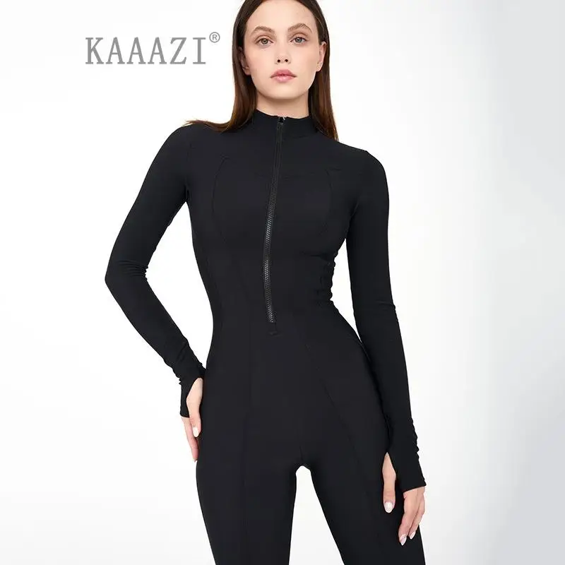 

KAAAZI Black Long Sleeve Jumpsuits Women Overalls Fashion Zipper Sporty Gym Ladies Playsuits Casual Slim Bodycon Bodysuits Tight