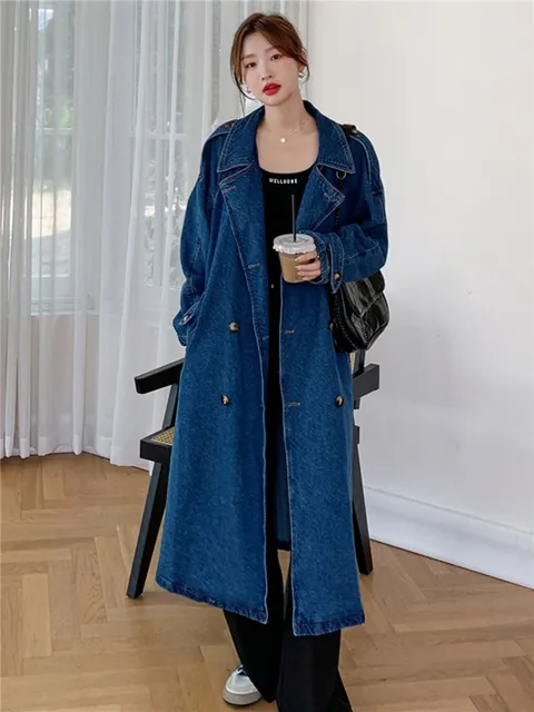 Vintage Blue Denim Windbreaker Jacket 2022 Autumn Double Breasted Belt Loose Casual Elegant British Women Long Trench Coat 8185