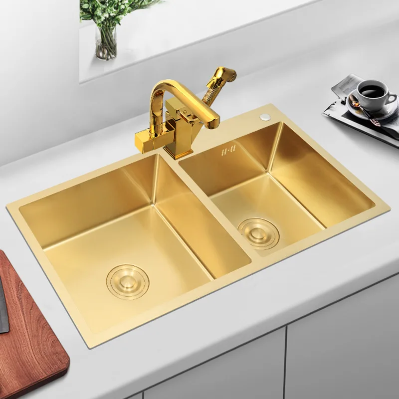 

Nano Gold Kitchen Sink 304 Stainless Steel sinks Above Counter or Undermount Installation Double Basin Golden Washing Basin