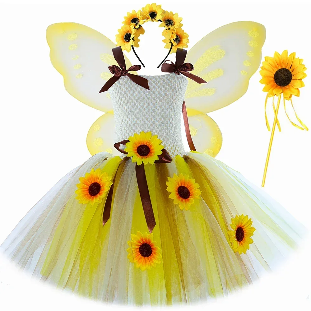 Sunflowers Fairy Princess Dresses with Butterfly Wings Wand Hairbow Girls Birthday Hallloween Costumes for Kids New Years Outfit