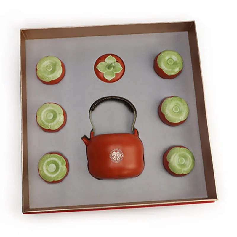 Household Ceramics Persimmon Shape Teapot Set, Teacup, Tea Pot, Ceremony for Chinese Red, Wedding Supplies, Souvenir Gifts