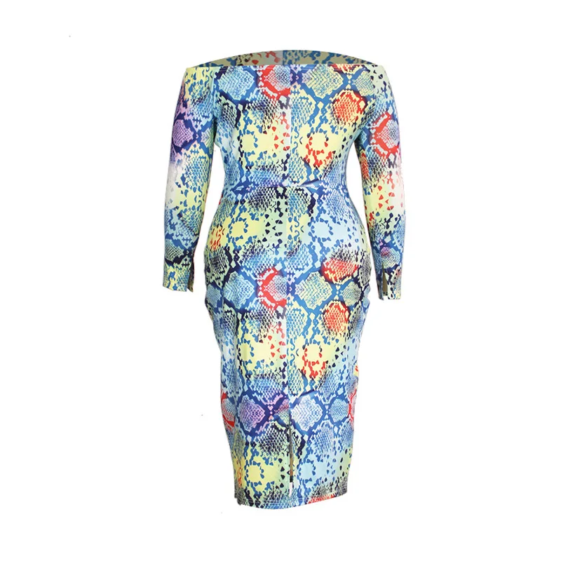 Sexy One Word Collar Multicolor Printing Long Sleeve Autumn Female Clothing Elegant Plus Size Bag Hip Mid-CaIf Pencil Dresses