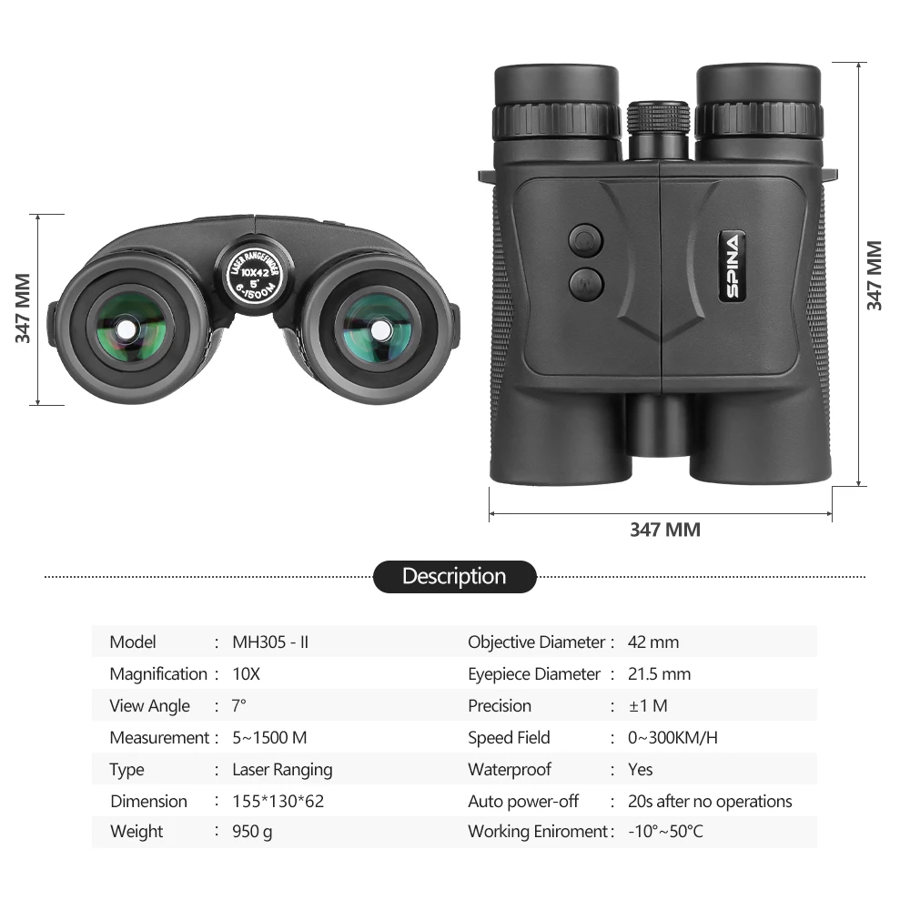 SPINA 10X42 Laser Rangefinder 1200 Meters Ranging Binoculars Telescope Tactical Hunting Outdoor Distance Measurement Waterproof