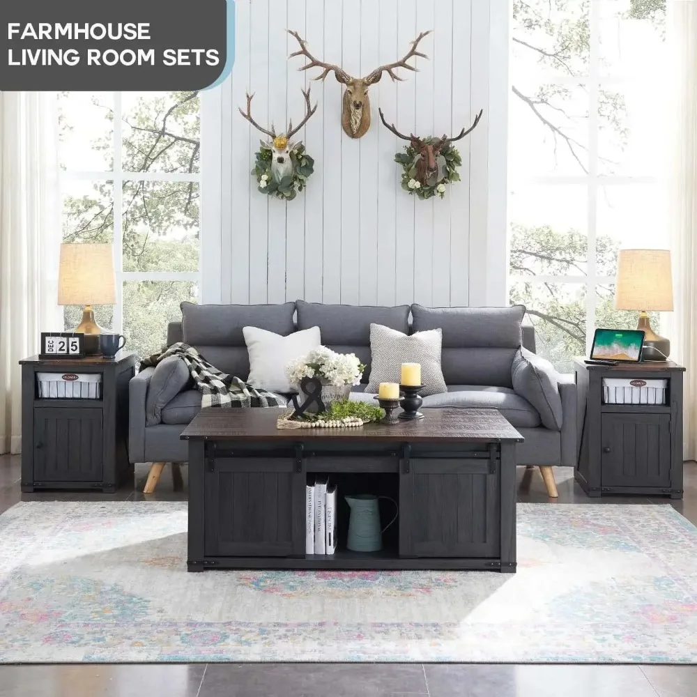 48" Lift Top Coffee Table, Farmhouse Cocktai with Sliding Groove Barn Door, for Living Room, Dark Grey 6