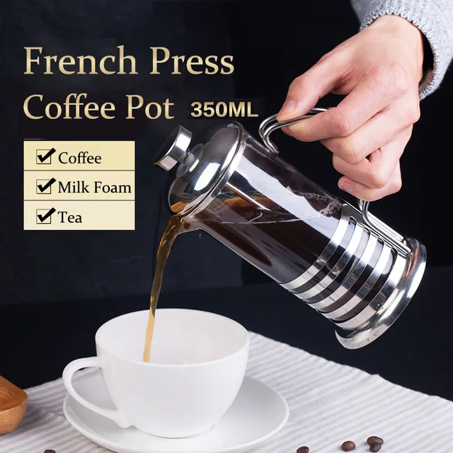 Mini Stainless Steel French Press Pot 350ML Cold Brew Coffee Maker Heat Resistant Glass Portable Pitcher 4Cups for Milk Foam Tea