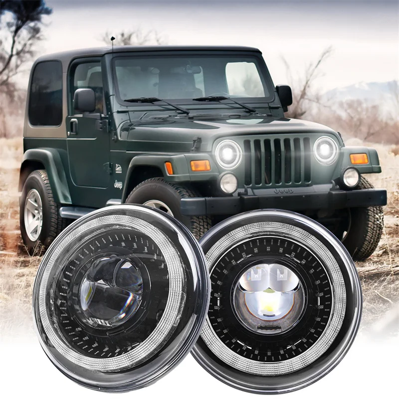 

Car Led Headlight Round 7'' Headlights H4 with Yellow & White Angel Eye for Lada Niva 4X4 UAZ Hunter Hummer H1 H2 Jeep Wrangler