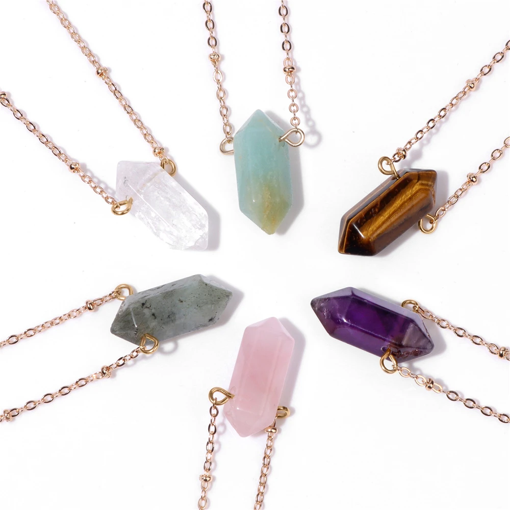 Simple Hexagon Pendant Necklace Natural Stone Charm Necklaces Tiger Eye