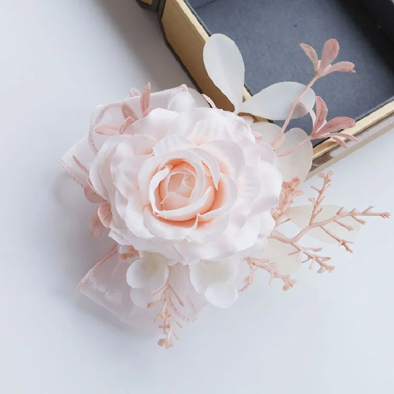 Boutonniere And Wrist Corsage Business Celebration Simulation Flower Wedding Supplies Photography Props Champagne Pink 479