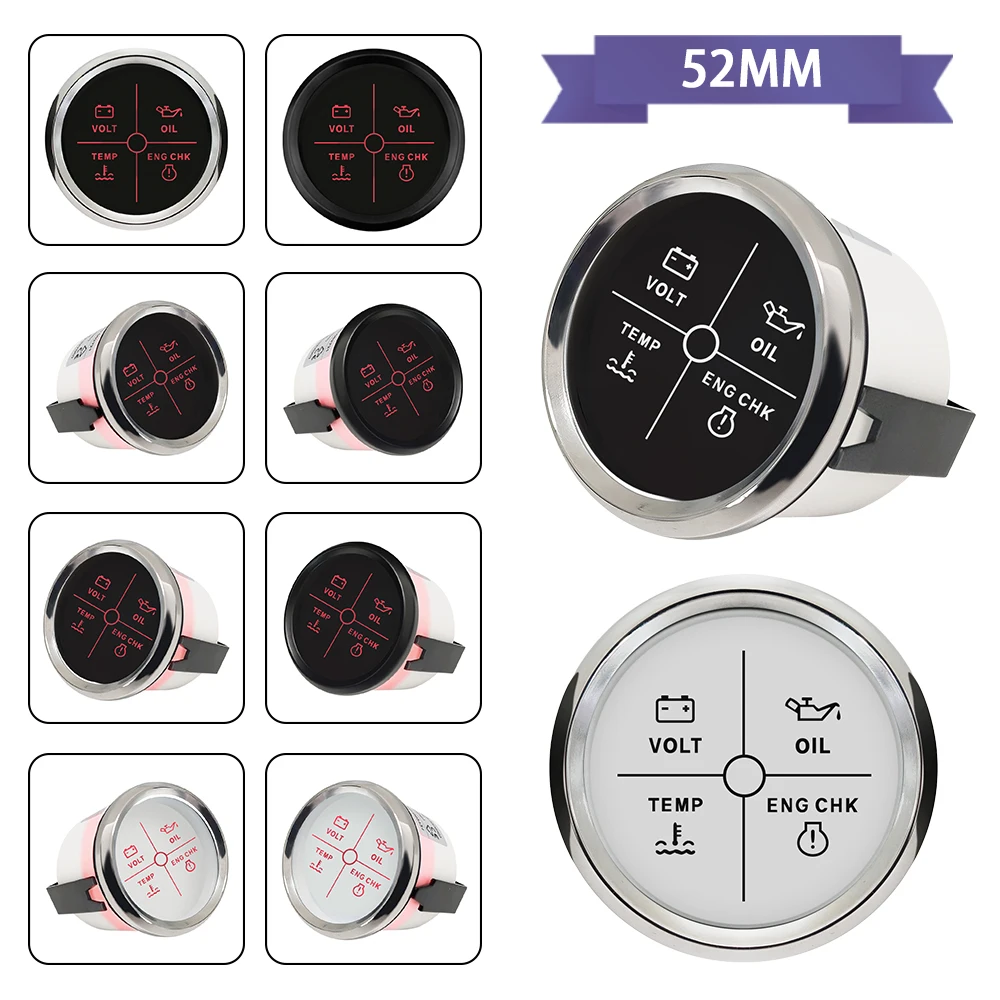 Rhaxel Universal 52mm 4 LED 엔진 알람 게이지 미터(선박 요트용 백라이트 포함) 12Volt 24V