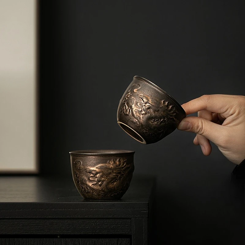 120ml Vintage Ceramic Tea Cup with Dragon Design, Large Capacity Kung Fu Tea Set, Antique Oriental Tea Mug for Gongfu Ceremony