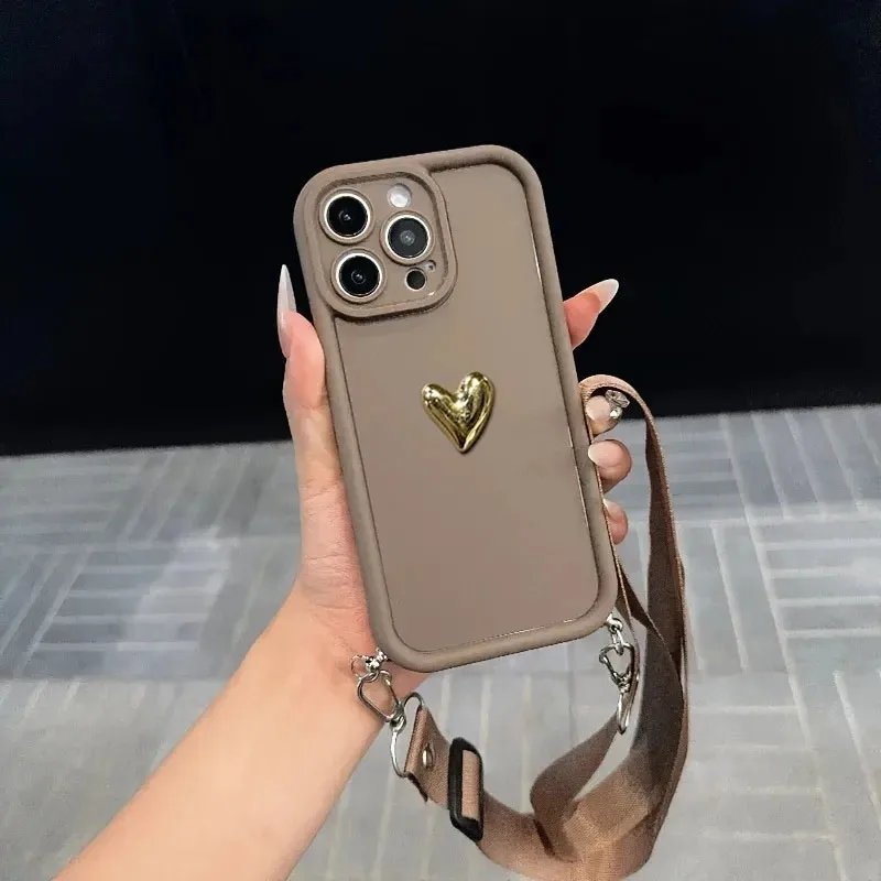 Golden Love Crossbody Strap Phone Case Back Cover