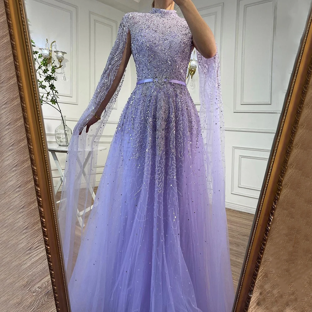 SERENE HILL Customized Blue Luxury Cape Sleeves Evening