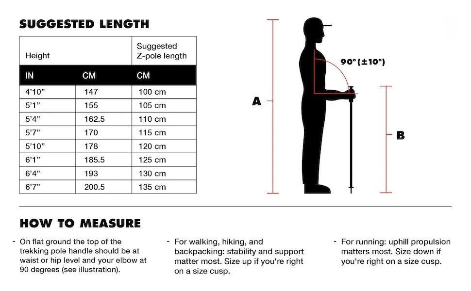 Z trekking Pole for hiking and walking size chart