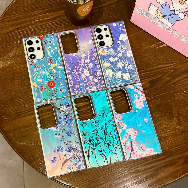 Coque de téléphone à motif de fleur laser pour Samsung Galaxy S25 S23 FE S24 Plus S22 Ultra A14 A15 A55 A54 A25 A35 A34 Coque arrière rigide en PC mat_voghion.com