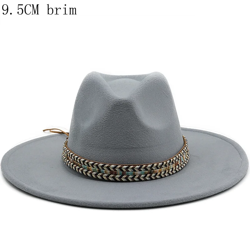 

Autumn Winter Men's Fedoras Women's Felt Hat Ladies Sombrero Jazz Male Bowler Hat Outdoor Vintage Top Hats Large Brim 9.5cm