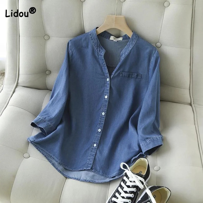 Women's Fashion All-match Denim Shirt 2023 Spring Summer Korean Simplicity 3/4 Sleeve Single-breasted Blouse Female Clothing