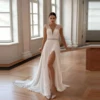 Luxury Wedding Dresses A Line Sexy Appliques V Neck Bridal Gowns Cap Sleeve High Split Chiffon Elegant Princess Vestido De Novia 3