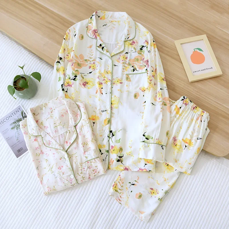 

NEW Women Long-sleeved Pajamas Trousers Sets Viscose Sleepwear Fashion Luxury Female Two Pieces Pajamas ladies Nighties Homewear