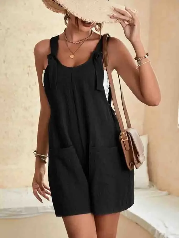 Women's Casual Summer Short Rompers Overalls 2024 Loose Sleeveless Tie Knot Strap Jumpsuits with Pockets