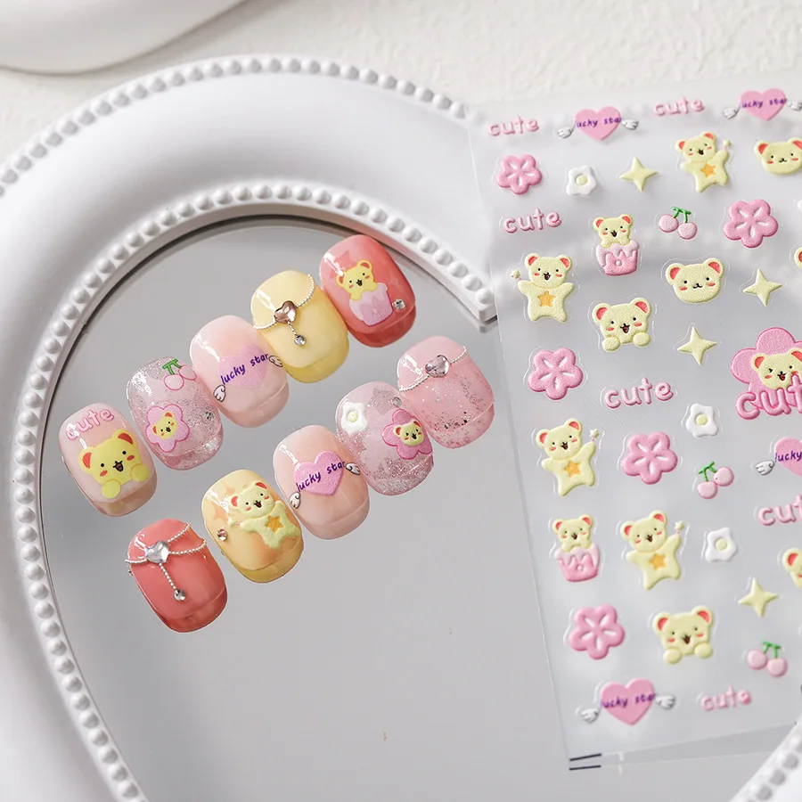 

1pcs Cute Cartoon Bear Nail Stickers 3D Kawaii Love Cherry Relief Adhesive Decoration 5D Nail Art Stickers DIY Girls Accessories