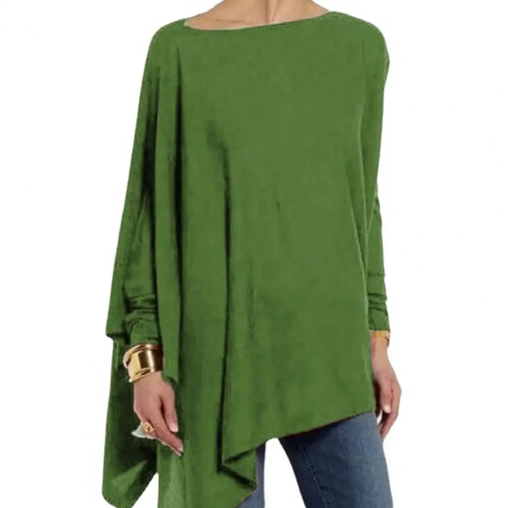 Camiseta de manga larga con cuello redondo para mujer, ropa de calle informal de Color sólido, dobladillo Irregular, jersey de longitud media, Top