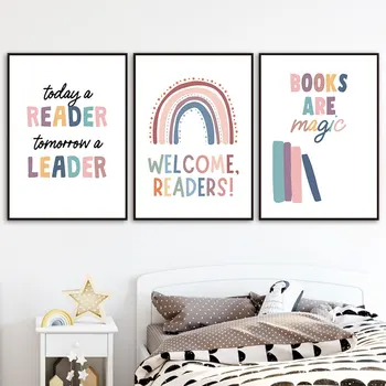 Modern Readers Today Leaders Tomorrow Quotes Canvas Poster Colorful  Books Pattern Picture for Home Kids Room Wall Decor 1