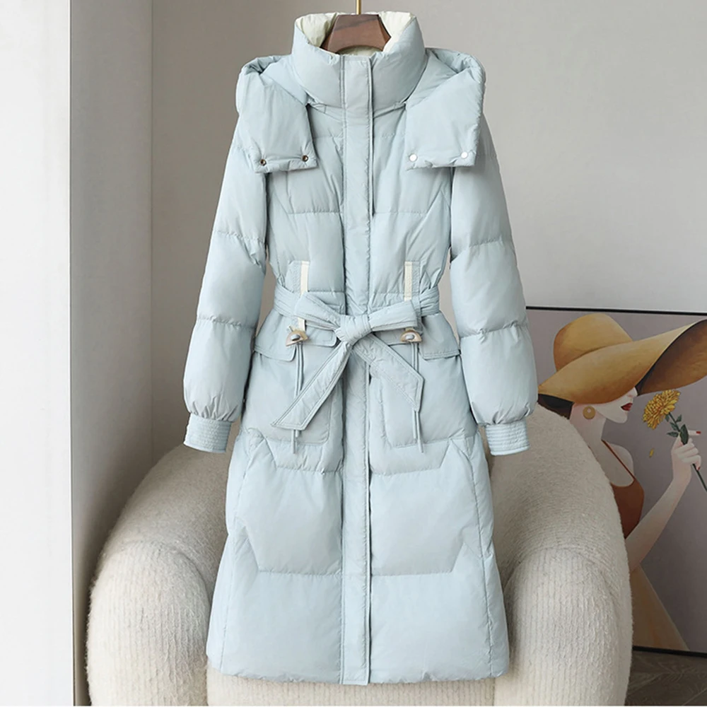 

women white down jacket for winter high-end long hoodie duck down coat with belt thicken warm hooded overcoat with hat snowwear