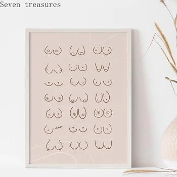 거실용 모든 가슴 라인 드로잉 벽 아트, 재미있는 욕실 페미니스트, 캔버스 페인팅, 소녀 파워 포스터 및 사진 인쇄