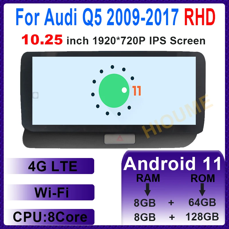 

10.25“ 8 Core 8+128G Android 11 Multimedia Player GPS Navigation for Audi Q5 009-2017 RHD Cars Radio Stereo Head Unit 4G WiFi