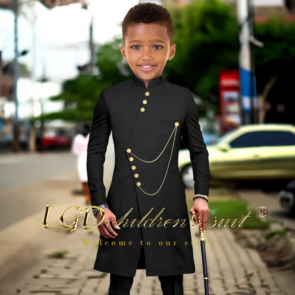Children aged 3~16 years old, African style single-row gold button jacket and trousers 2-piece long suit