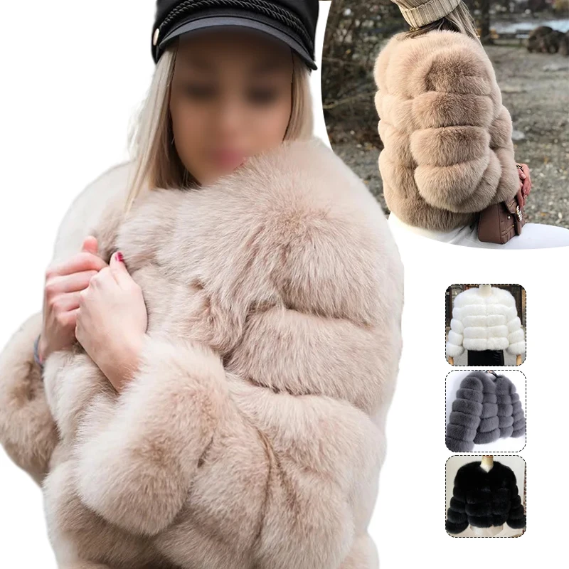 Women Faux Fur Crew Shaggy Jacket Collarless Winter Warm Cropped Top Long Sleeve Coat Horizontal Splicing Of Synthetic Fur S-5XL