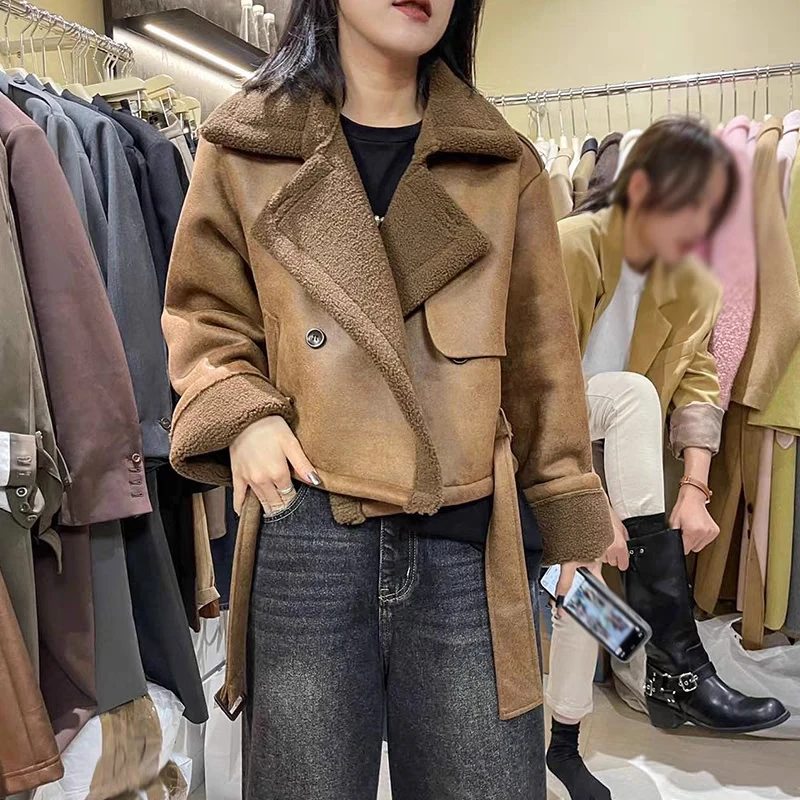 Зимнее Новое винтажное свободное плюшевое утепленное женское короткое пальто в гонконгском стиле с воротником-поло из искусственного меха